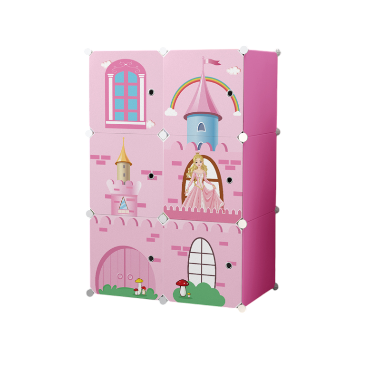 Dulap modular pentru copii, alb, AT PERFORMANCE®, 6 rafturi, durabil, 74X37X110 cm, roz, castel