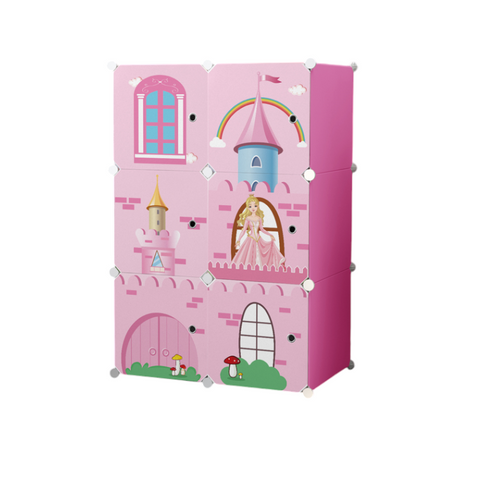 Dulap modular pentru copii, alb, AT PERFORMANCE®, 6 rafturi, durabil, 74X37X110 cm, roz, castel
