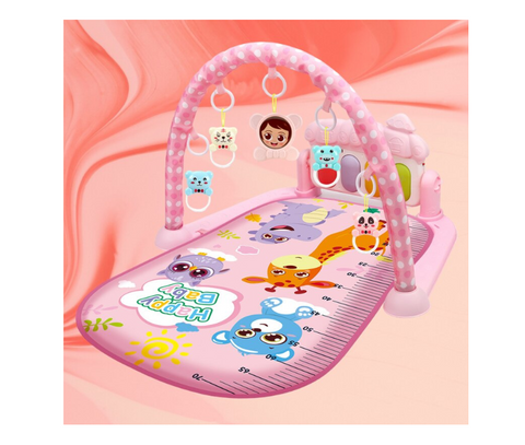 Saltea de joaca Muzicala, AT PERFORMANCE, Interactiva cu Pian 5 in 1,98 cm, print Happy Baby cu animalute, pentru Bebelusi, Roz