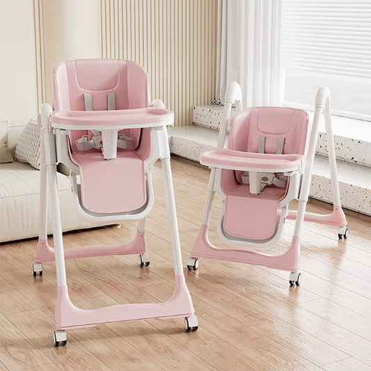 Scaun de masa bebe, At Performance, Pliabil, Inaltime ajustabila 5 pozitii, 4 roti, Structura otel, roz deschis