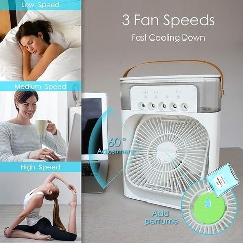 Mini Răcitor de Aer Portabil AT PERFORMANCE® – Ventilator Personal 4 în 1 cu Umidificator, LED 7 Culori, Timer și 3 Viteze, Alimentare USB