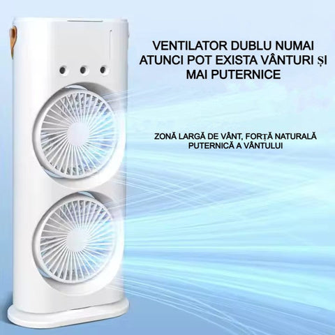 Ventilator portabil de birou AT PERFORMANCE® – Silențios, 2 viteze, dublu ventilator, LED, 2000mAh, compact pentru birou, acasă, dormitor – Alb
