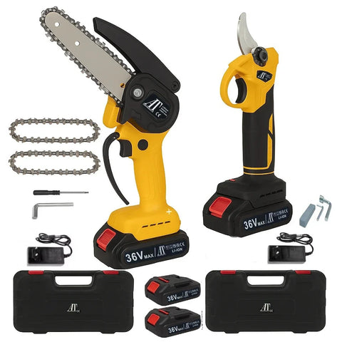 Pachet Profesional AT PERFORMANCE® – Foarfecă Electrică 36V + Mini Fierăstrău Electric 36V cu Lanț 6 inch”, 4 Acumulatori, 2 Încărcătoare și 2 Valize de Transport