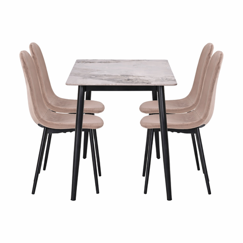 Set masă dining cu 4 scaune, blat sintered stone gri și catifea, 120x70 cm