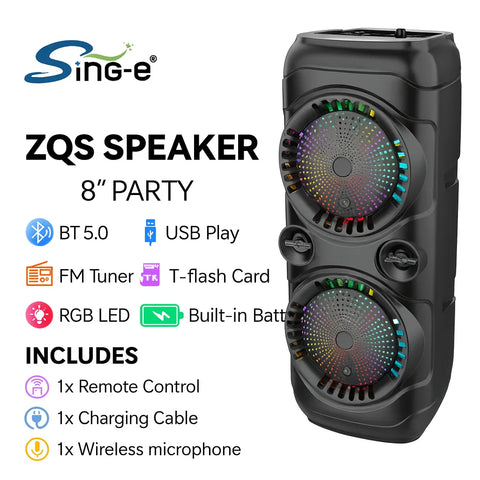 Boxă Portabilă AT Performance ZQS8229W cu Difuzoare 8" ×2, 40W și Baterie 4500 mAh – LED RGB, Microfon Inclus