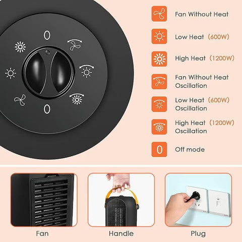 Aeroterma PTC cu ventilator, AT PERFORMANCE®,1200W, Oscilatie, 3 trepte de putere, sistem siguranta, Negru.
