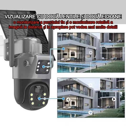 Cameră Supraveghere SIM cu 2 Camere 5MP AT PERFORMANCE® – Exterior, Zoom 8X, Panou Solar, IP66, Negru + Cadou Card SD 32GB