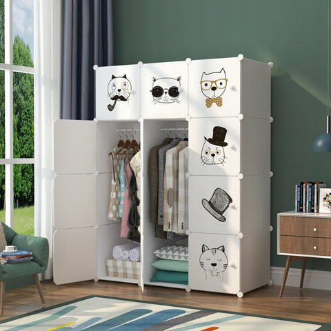 Dulap modular pentru copii 12 rafturi , AT PERFORMANCE® , Alb cu pisicute 🐱🎀👓🎩