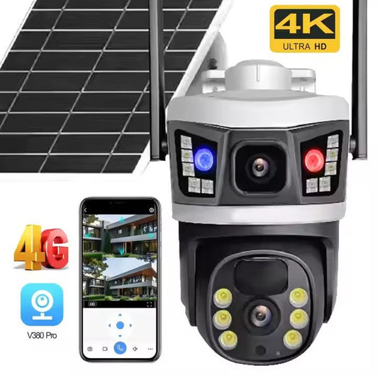 Cameră Supraveghere Solară 4G cu 2 Camere AT PERFORMANCE® – 6MP Full HD, PTZ, SIM, V380 Pro, Vedere Color Noaptea, Senzor PIR + AI, Exterior + Cadou Card SD 32GB