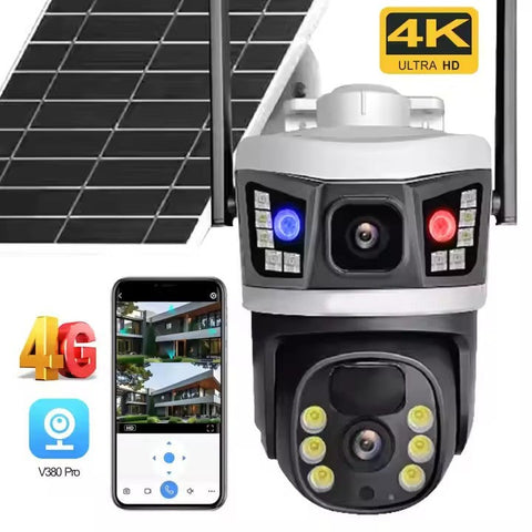 Cameră Supraveghere Solară 4G cu 2 Camere AT PERFORMANCE® – 6MP Full HD, PTZ, SIM, V380 Pro, Vedere Color Noaptea, Senzor PIR + AI, Exterior + Cadou Card SD 32GB