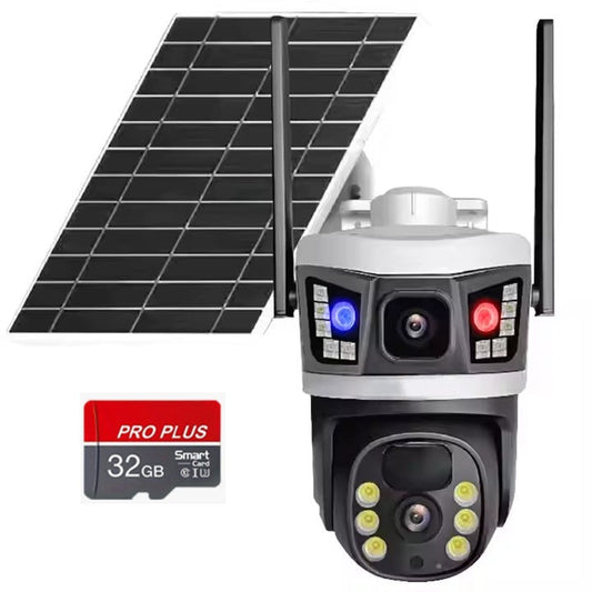 Cameră Supraveghere Solară 4G cu 2 Camere AT PERFORMANCE® – 6MP Full HD, PTZ, SIM, V380 Pro, Vedere Color Noaptea, Senzor PIR + AI, Exterior + Cadou Card SD 32GB