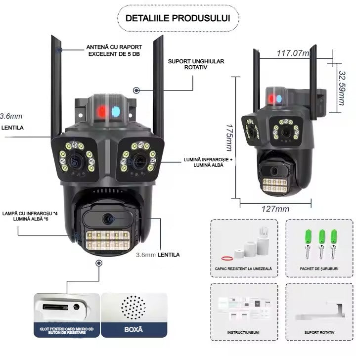 Cameră Supraveghere WiFi 3 în 1 AT PERFORMANCE® – 15MP 8K, PTZ, Audio, Alarmă, IP66 + Card SD 32GB Cadou