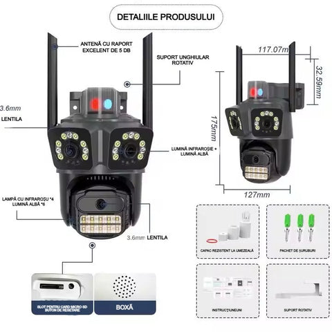 Cameră Supraveghere WiFi 3 în 1 AT PERFORMANCE® – 15MP 8K, PTZ, Audio, Alarmă, IP66 + Card SD 32GB Cadou