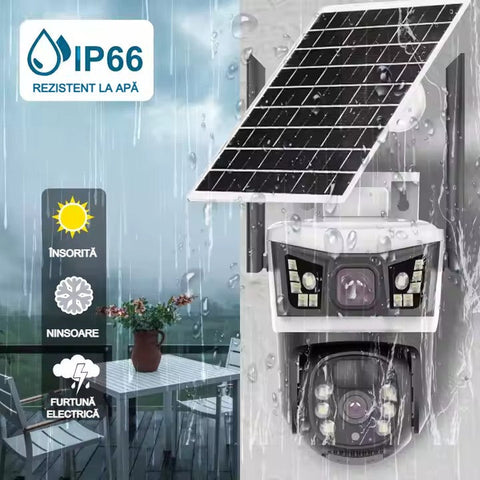 Cameră Supraveghere Solară 4G cu 2 Camere AT PERFORMANCE® – 6MP Full HD, PTZ, SIM, V380 Pro, Vedere Color Noaptea, Senzor PIR + AI, Exterior + Cadou Card SD 32GB