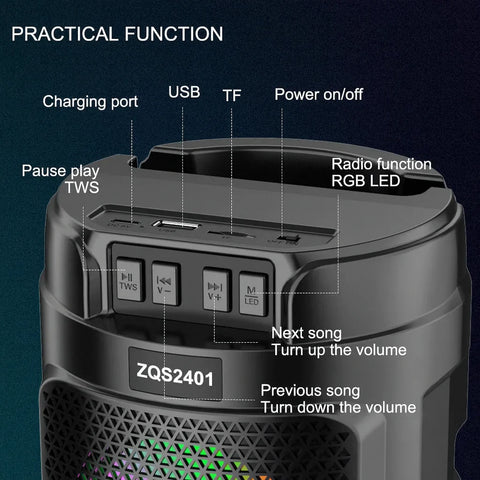 Boxă Portabilă ZQS2401 AT Performance, Colorful Bass Speaker – Bluetooth 5.0, 4”, LED RGB, FM, USB, TF
