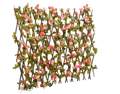 Gard paravan viu cu frunze si flori artificiale, AT PERFORMANCE, extensibil, 100x200 cm, roz