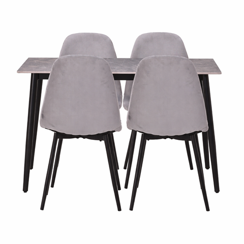 Set masă dining cu 4 scaune, blat sintered stone gri și catifea, 120x70 cm
