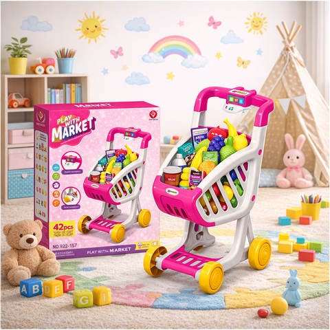 Cărucior de cumpărături copii Play With Market 42 piese cu lumini și sunete