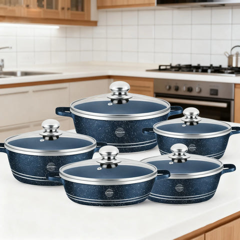 Set Premium 10 Piese AT PERFORMANCE – Oale cu acoperire din marmură și capace din sticlă semitransparentă, 5 dimensiuni pentru gătit versatil