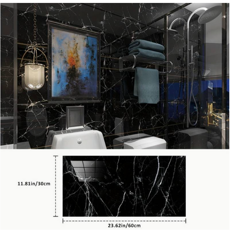 Set 10x Tapet tip Marmura, AT PERFORMANCE®, suprafata acoperire 1.8 mp, autoadeziv, waterproof, usor de montat, design modern, 30x60 cm, Negru