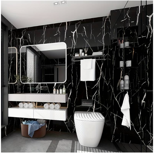 Set 10x Tapet tip Marmura, AT PERFORMANCE®, suprafata acoperire 1.8 mp, autoadeziv, waterproof, usor de montat, design modern, 30x60 cm, Negru