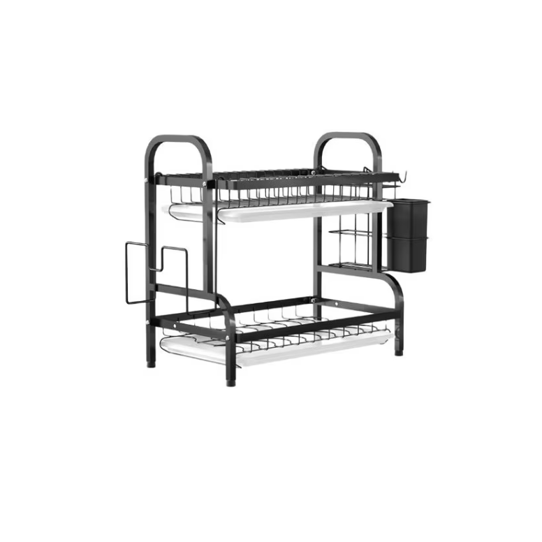 Scurgator metalic pentru vase si tacamuri, 2 niveluri, At Performance, cu suport, Metal, Negru, 53×23.5×39 cm