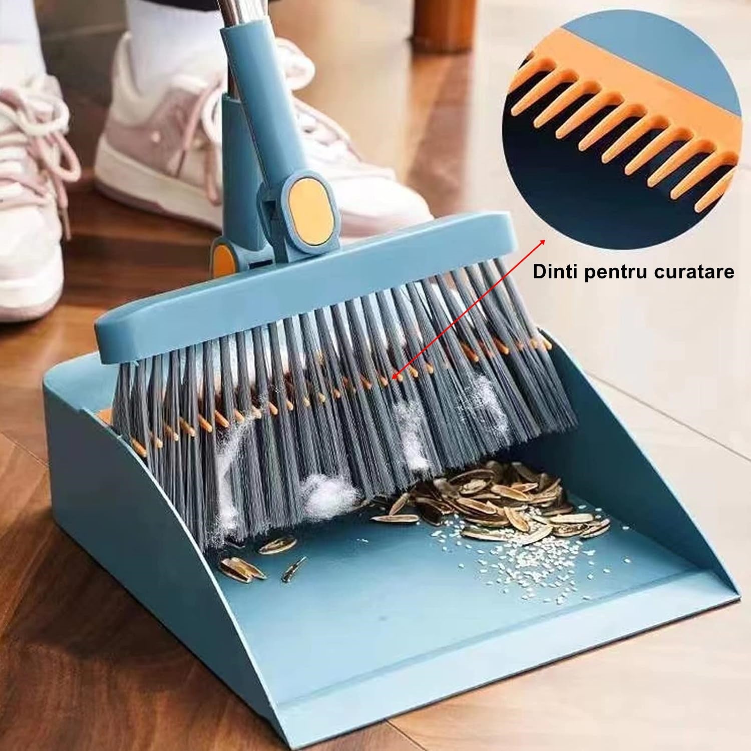 Set Matura si Faras cu Coada, AT PERFORMANCE®, cu Dinti de Pieptene pentru Curatare Matura, rotativ, pliabil, detasabil, Otel inoxidabil si Polipropilena, albastru