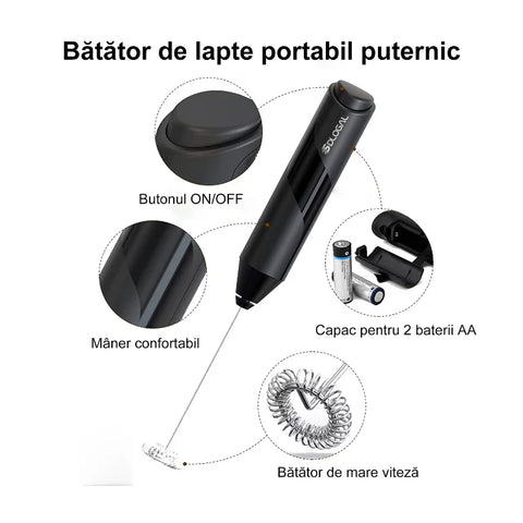 Mixer spuma lapte, At Performance, Electric cu baterie, bauturi calde/reci, maner izolat termic, otel inoxidabil, Pentru latte, ciocolata calda, cappuccino, frappe, usor de folosit cu suport metalic