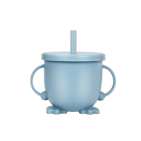 Set 6 piese din silicon fara BPA, AT PERFORMANCE®, de diversificare a hranei pentru bebelusi, 6+ luni, cu Bol, Farfurie, Cana cu pai Lingurita, Furculita, Bavetica Albastru