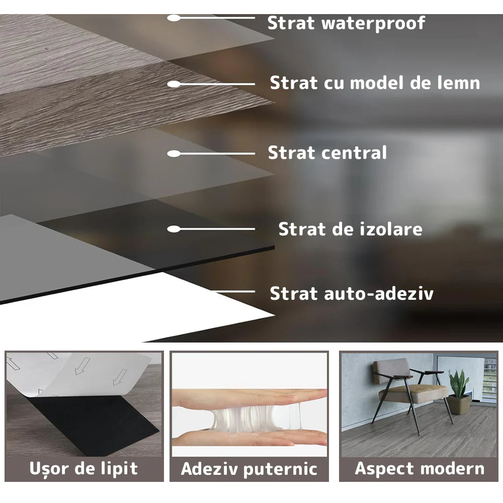 Set 36 Placi, De Pardoseala, AT PERFORMANCE®, durabil, autoadezive, PVC, 914.4mm x152.4mm, mm 5 m²/box, Gri grafit