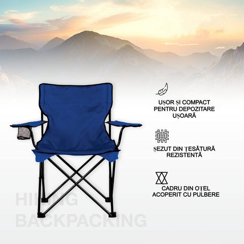 Set 2 Scaune pliabile AT PERFORMANCE® – Camping & Plajă, 120 kg, Suport băutură + Genți transport, Portabile, ușoare, pentru drumeții, picnic, pescuit – Albastru
