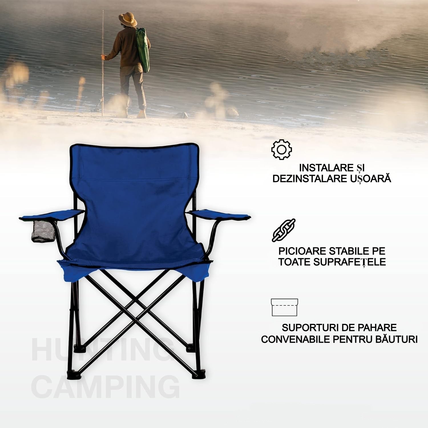 Set 2 Scaune pliabile AT PERFORMANCE® – Camping & Plajă, 120 kg, Suport băutură + Genți transport, Portabile, ușoare, pentru drumeții, picnic, pescuit – Albastru