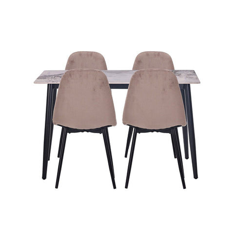 Set masă dining cu 4 scaune, blat sintered stone gri și catifea, 120x70 cm